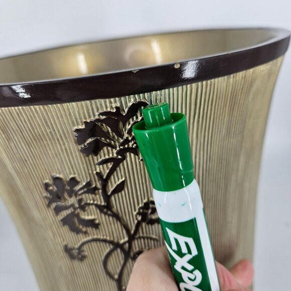 Ceramic Trash Garbage Can 10" Round Gold Brown Ribbed Floral Rustic Asian MCM - Picture 10 of 13